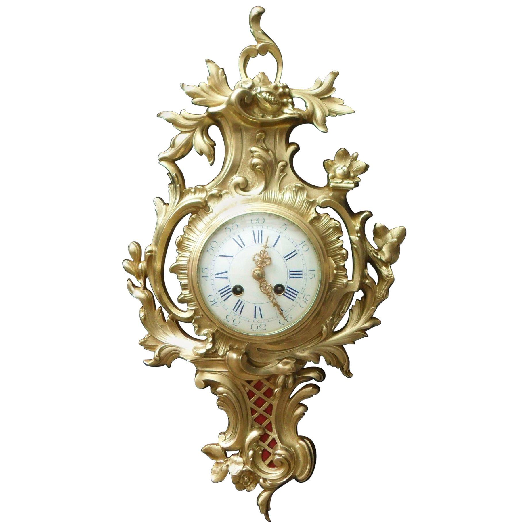 French Bronze Gilt Rococo Style Cartel Wall Clock