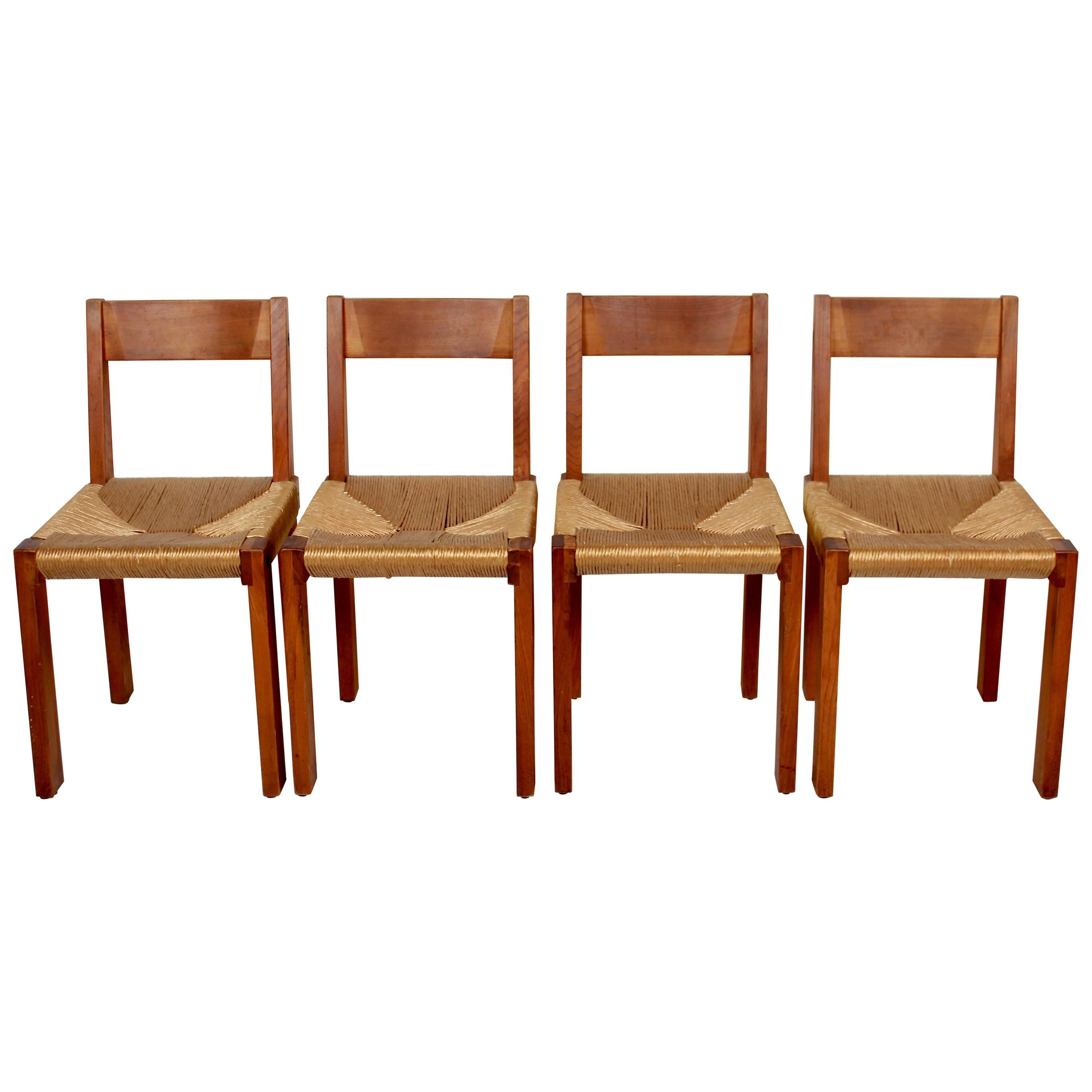 Pierre Chapo Set of Four Elm and Straw S 24 Dining Chairs, France, 1960s
