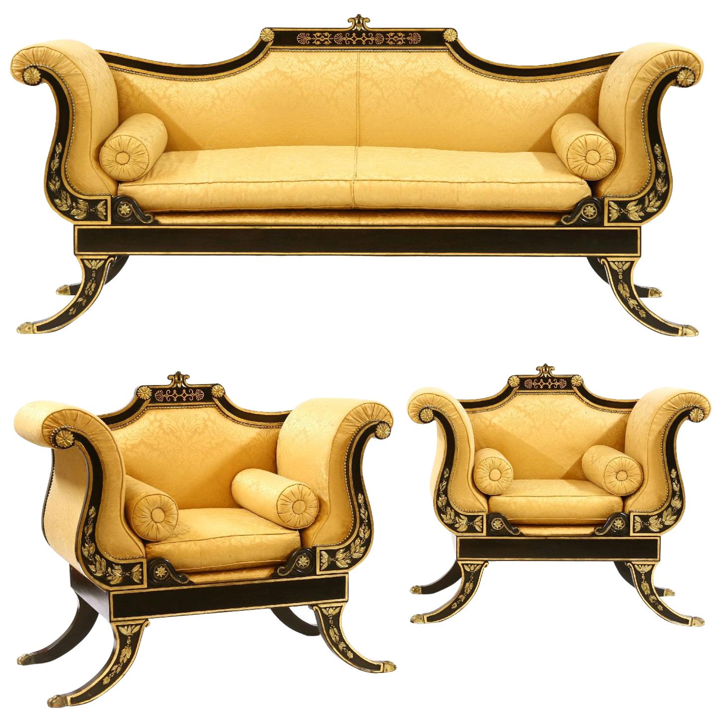 20th Century English Regency Ebonised and Parcel-Gilt Couch & Pair of Armchairs