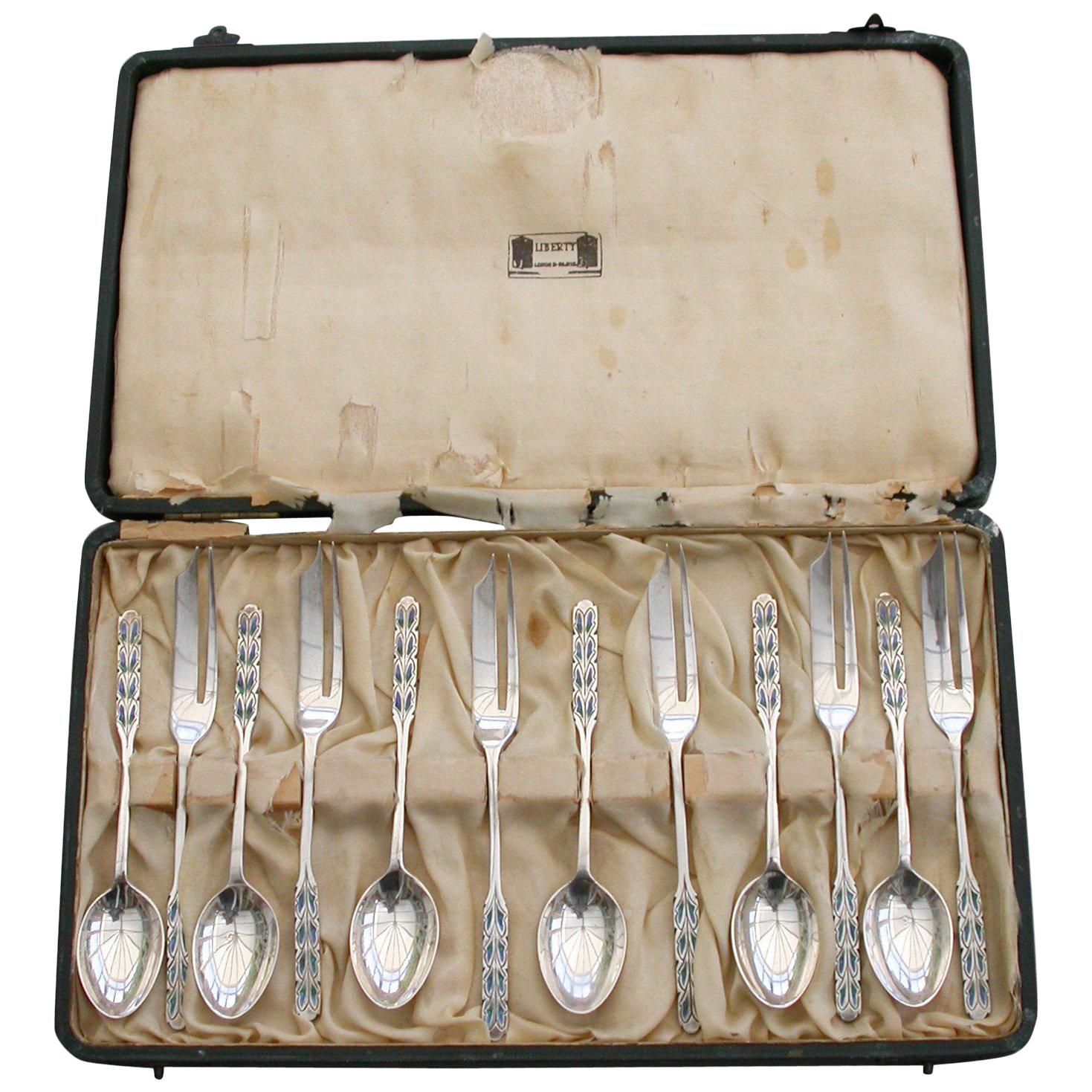 Cased Set 12 Silver and Enamel Pastry Spoons & Forks by Liberty & Co, 1927-1928 For Sale