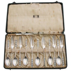 Cased Set 12 Silver and Enamel Pastry Spoons & Forks by Liberty & Co, 1927-1928