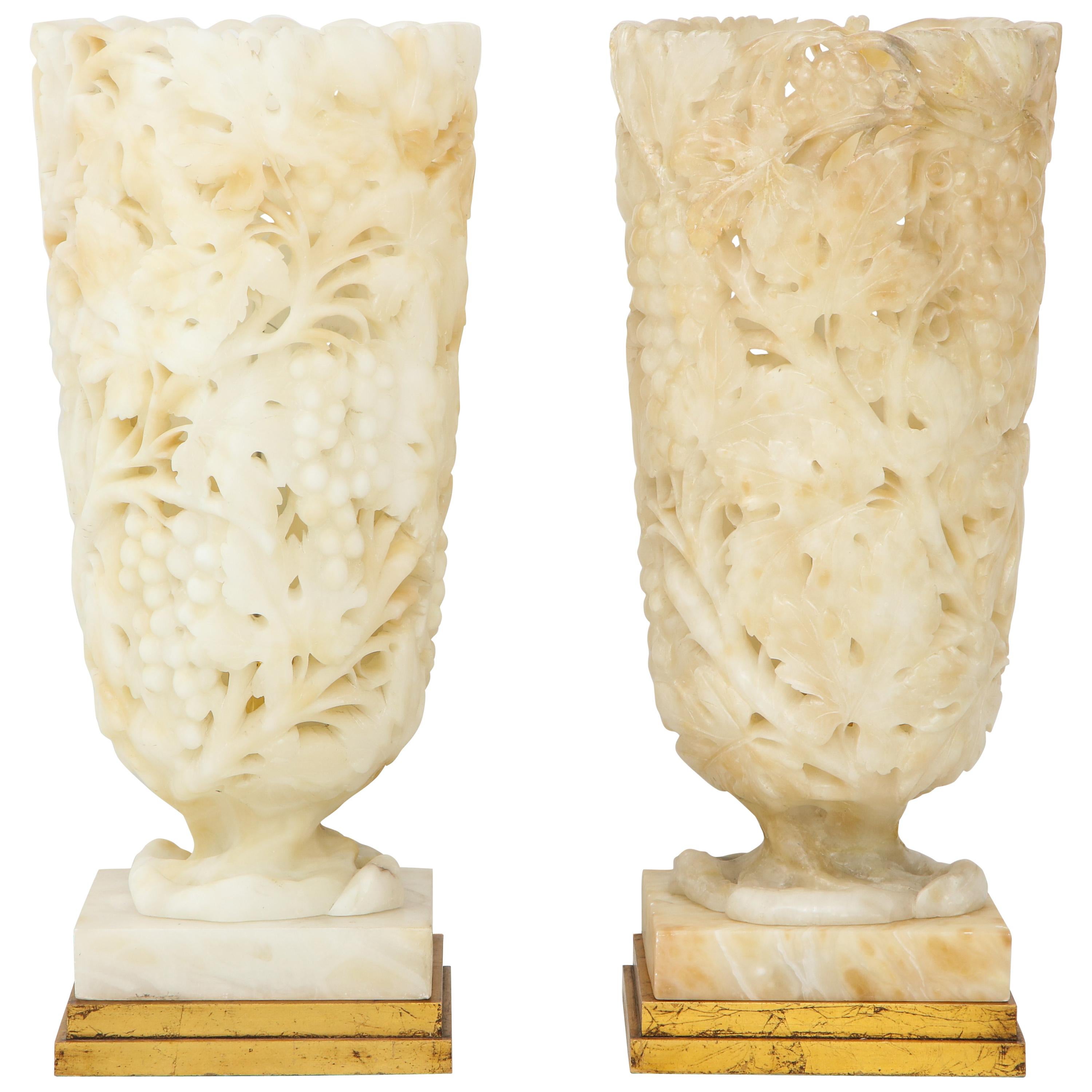 Exquisite Pair of Large Carved Alabaster Lamps