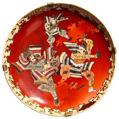 Asian Ceramic Three Samurai Warriors Red Big Japanese Hand Painted Wall Plate