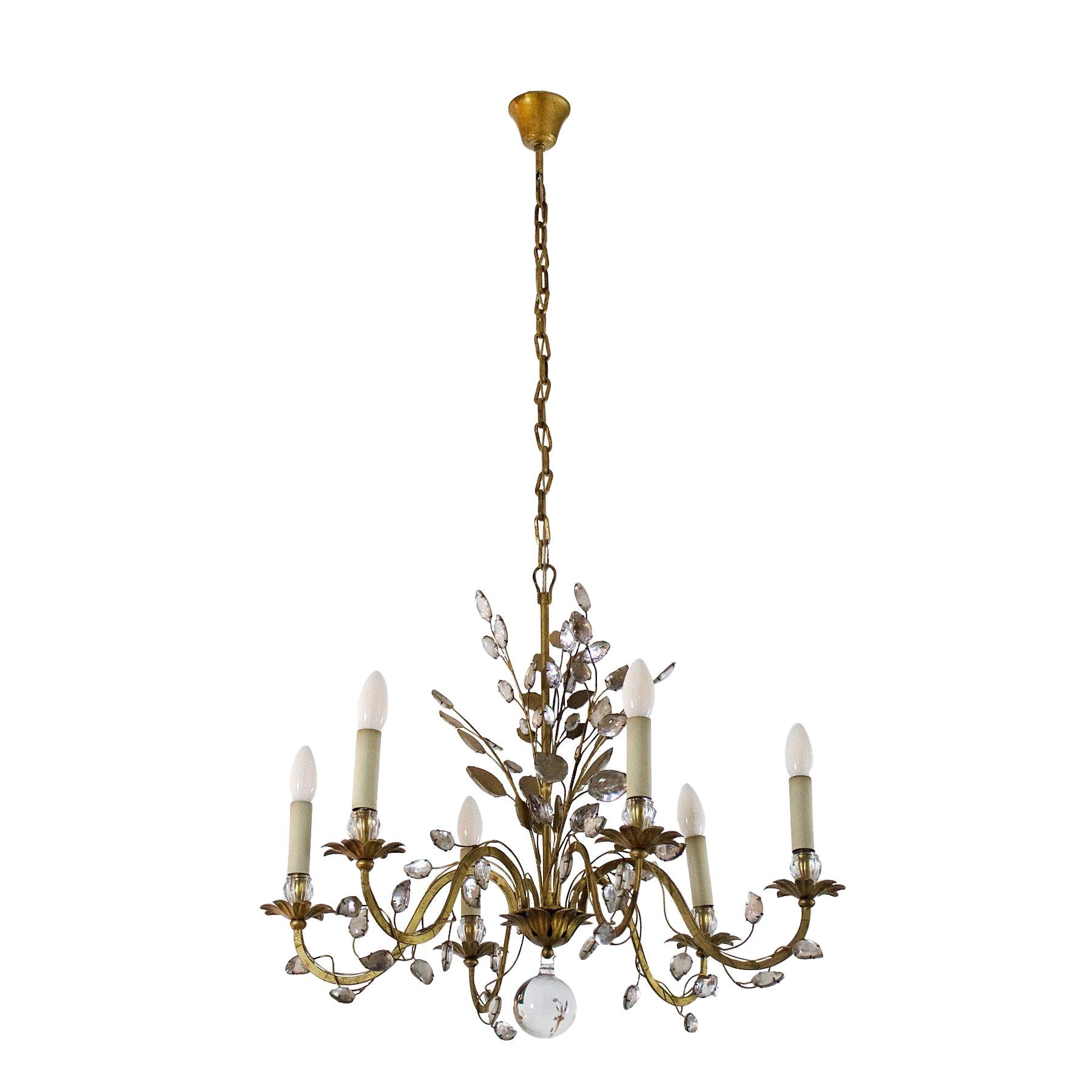 1950s Chandelier by Maison Baguès, Paris, Wrought Iron, Glass, France