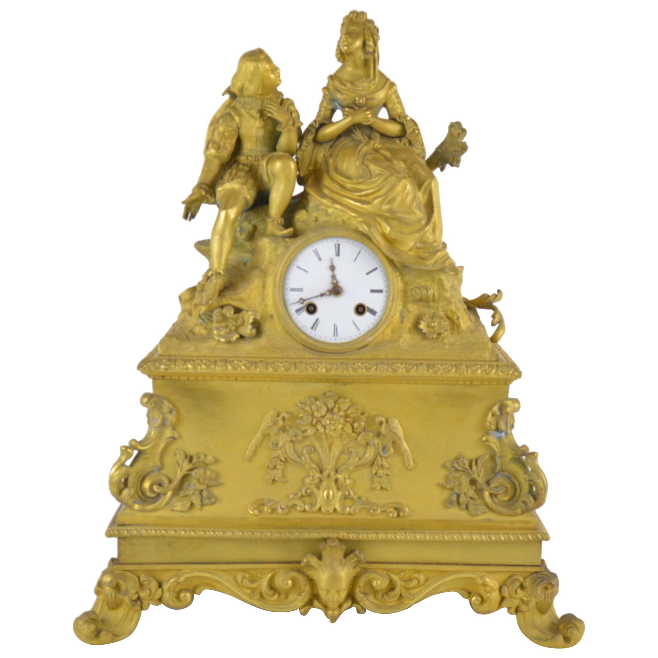 19th Century French Ormolu Bronze Mantel Clock Representing Romantic Scene