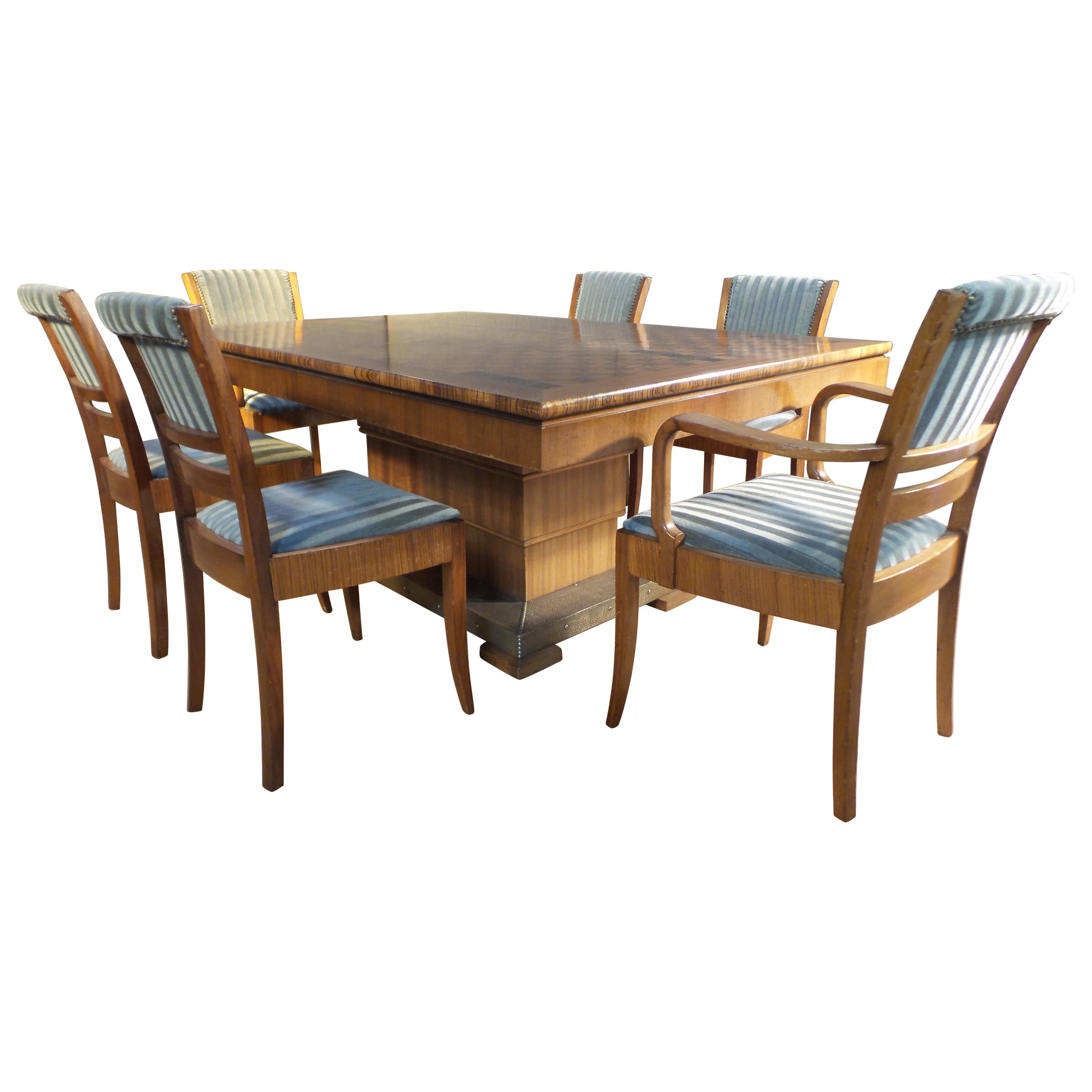 Art Deco Dining Set or Boardroom Table and 6 Chairs Hammered Metal Base For Sale