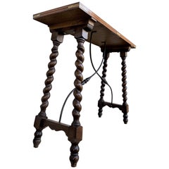 19th Century Salomonic Baroque Side Table with Marquetry Top and Iron Stretchers