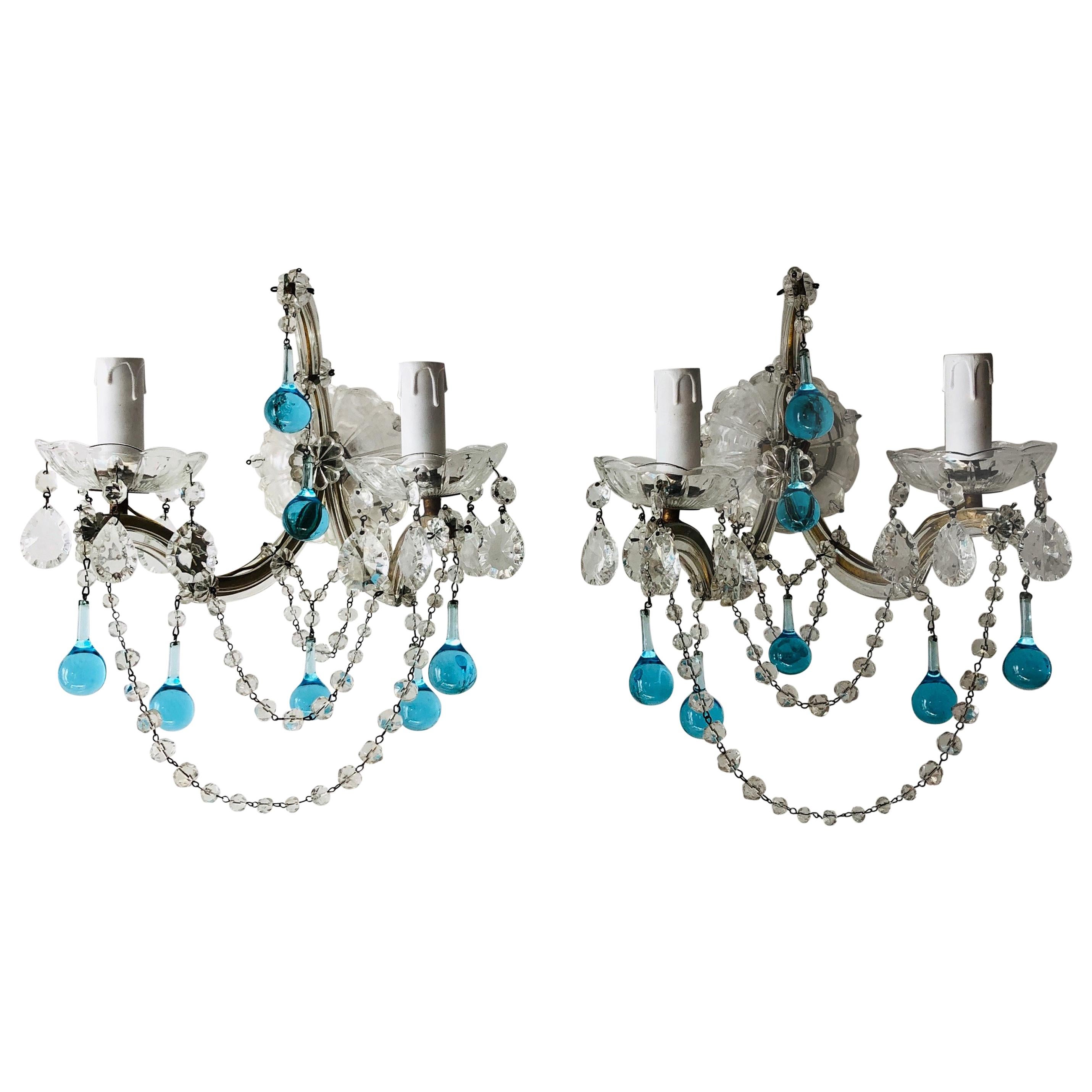 French Murano Glass Aqua Drops Crystal Swags Sconces, circa 1920