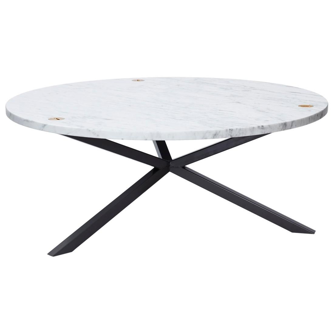 Round Coffee Table in Carrara Marble, "No Early Birds" For Sale