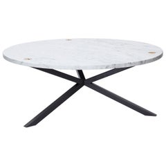 Round Coffee Table in Carrara Marble, "No Early Birds"