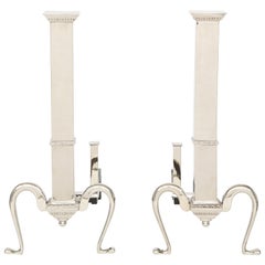 Andirons Art Déco à colonne rectangulaire en nickel