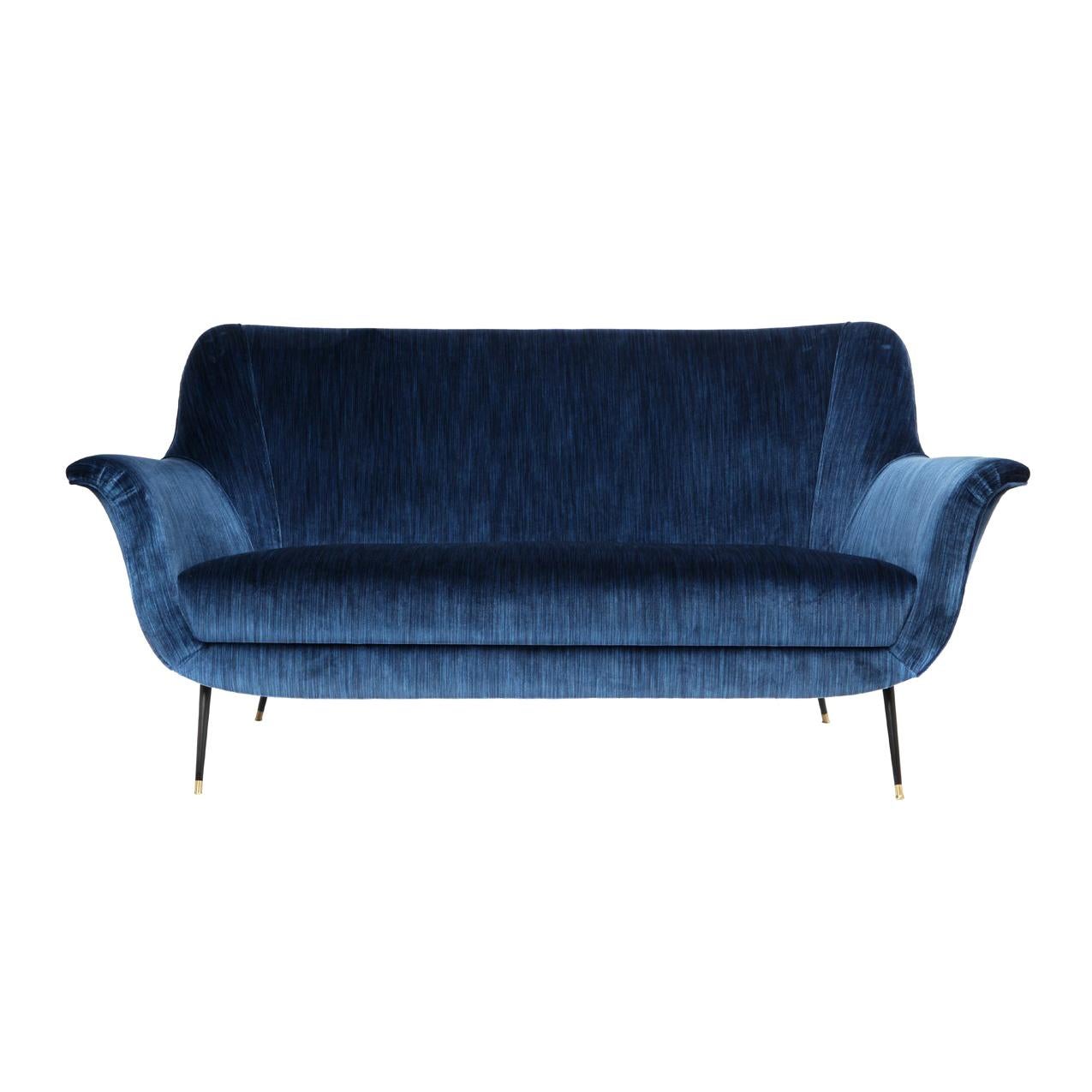 Vintage Midcentury Italian Sofa Upholstered in Blue Silk Velvet