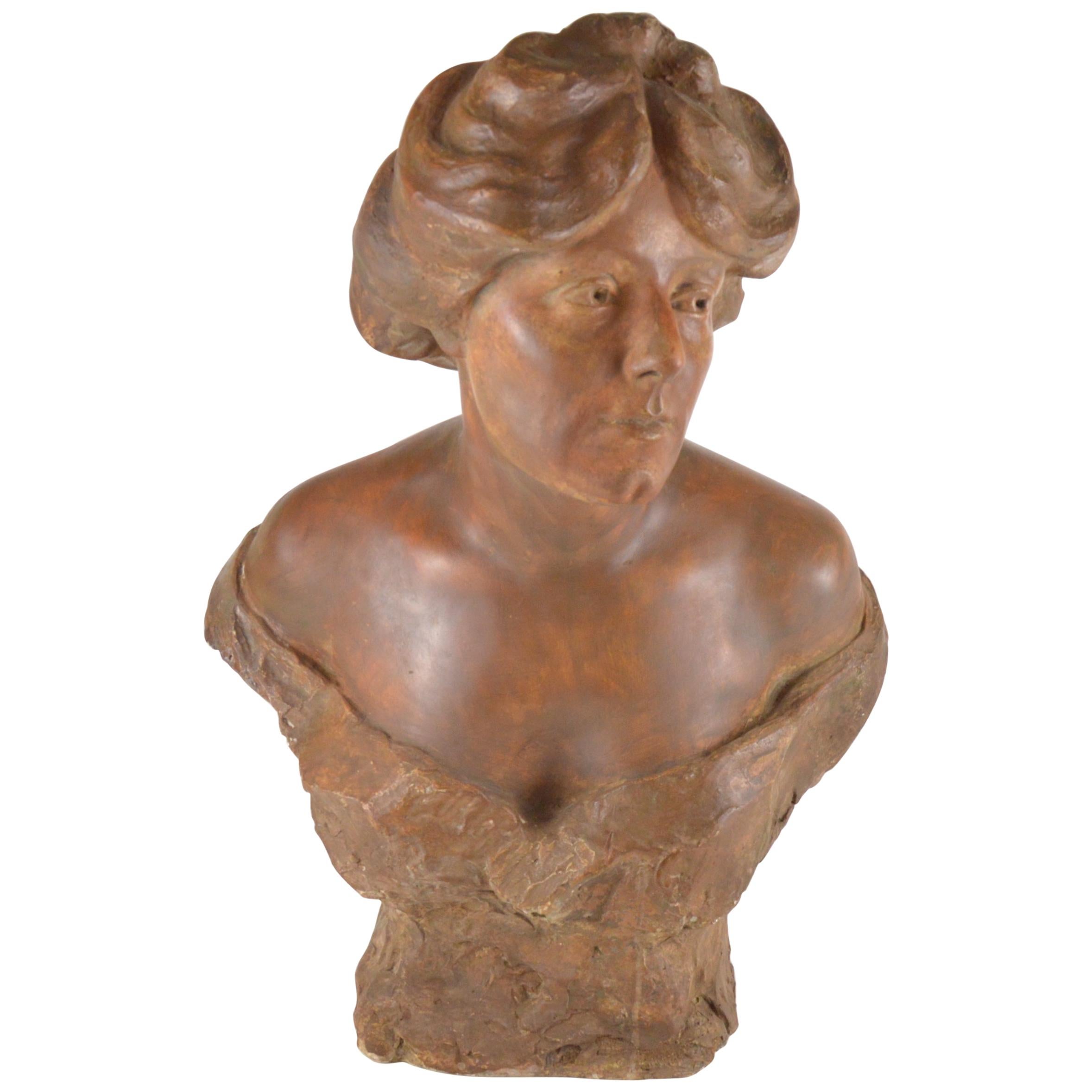 Eugène Canneel Sculpture Buste of a Woman Patinated Plaster For Sale