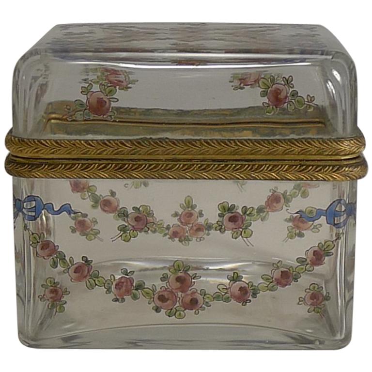 Antique French Painted Crystal Box, Ormolu Mounts Signed A.F., circa 1890