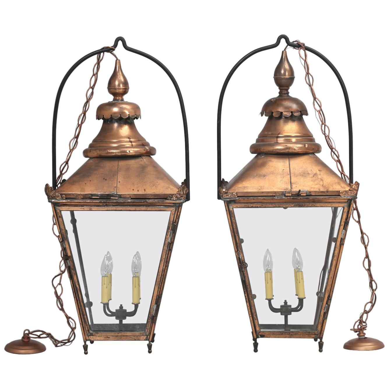 Antique Pair of Large Handmade French Copper Lanterns
