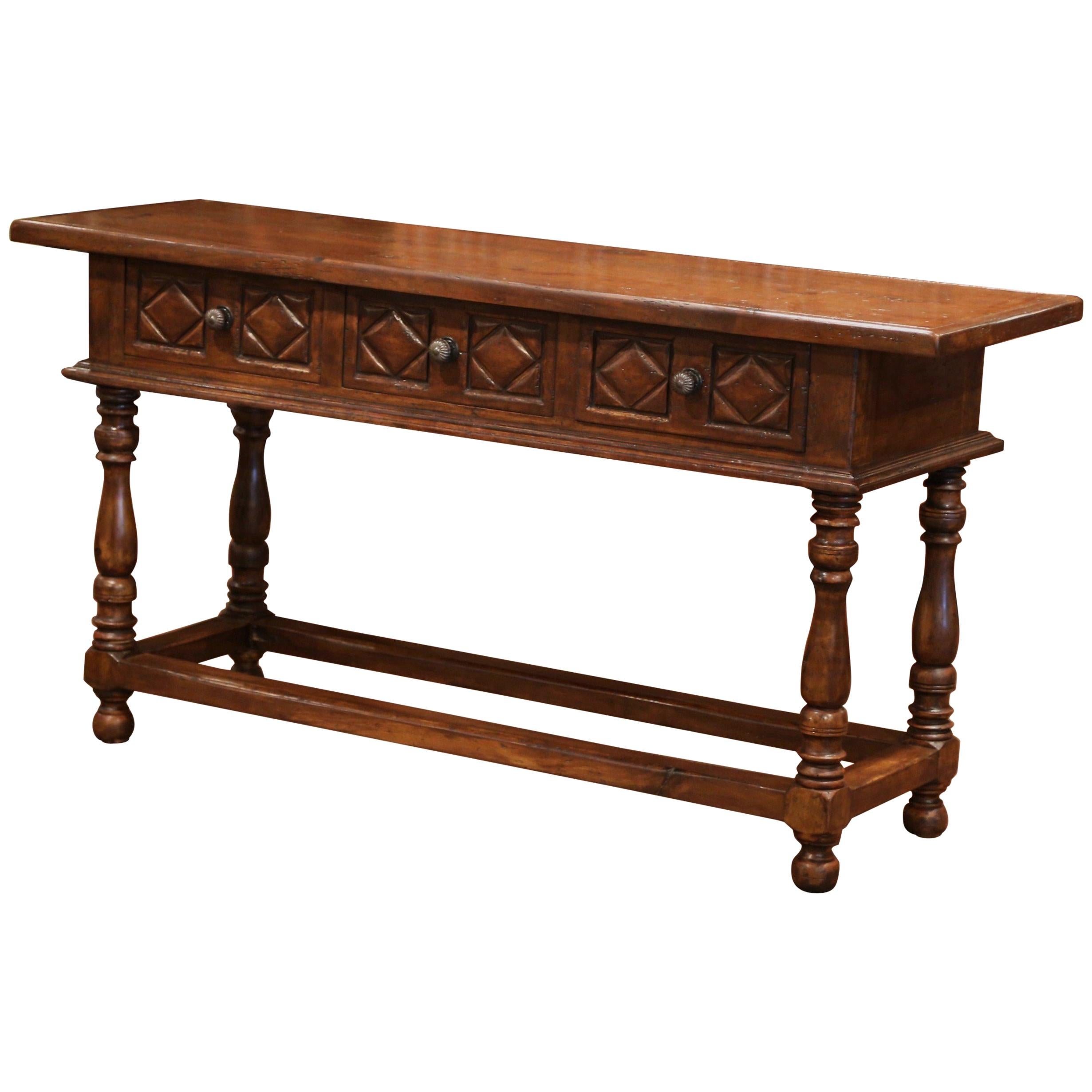 French Style Louis XIII Hand Carved Walnut Console Sofa Table with Drawers