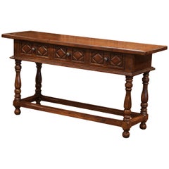 French Style Louis XIII Hand Carved Walnut Console Sofa Table with Drawers