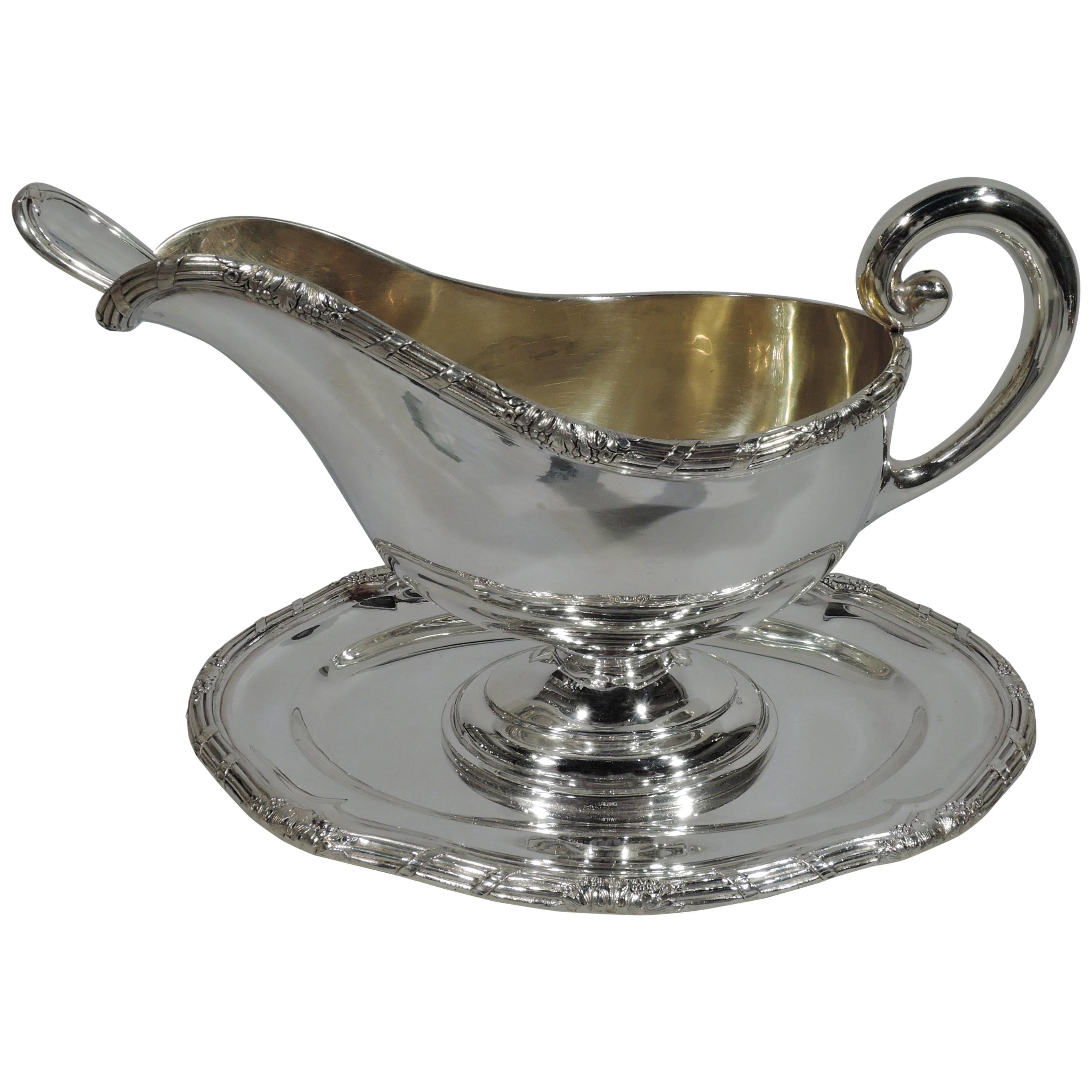 Antique Austrian Neoclassical Silver Gravy Boat on Stand with Ladle