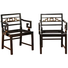 Exquisite Pair of Modern Chinoiserie Greek Key Armchairs by Baker, circa 1960