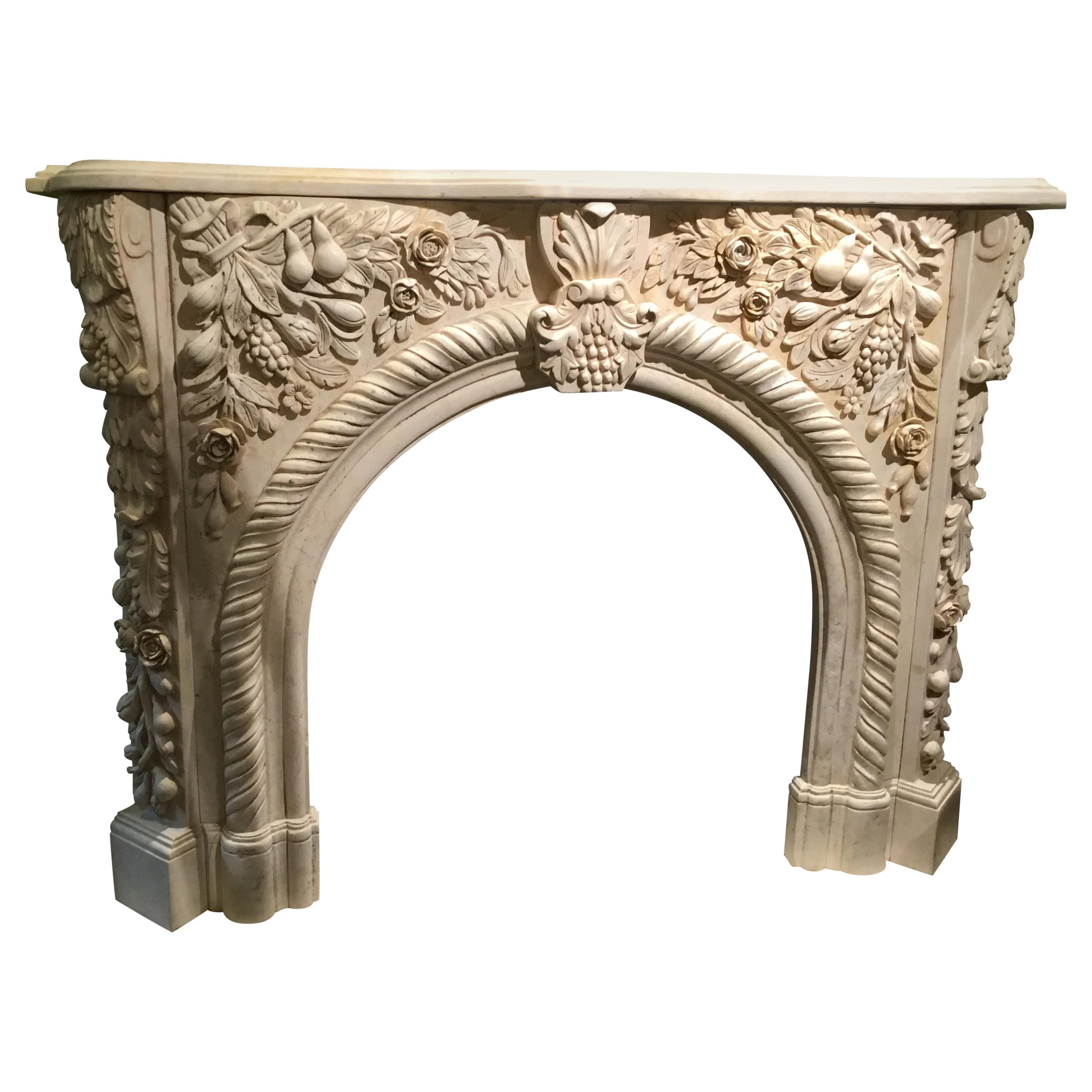 Marble Mantel in Pale Gold, Hand Carved with Fruit Flowers and Foliate Design