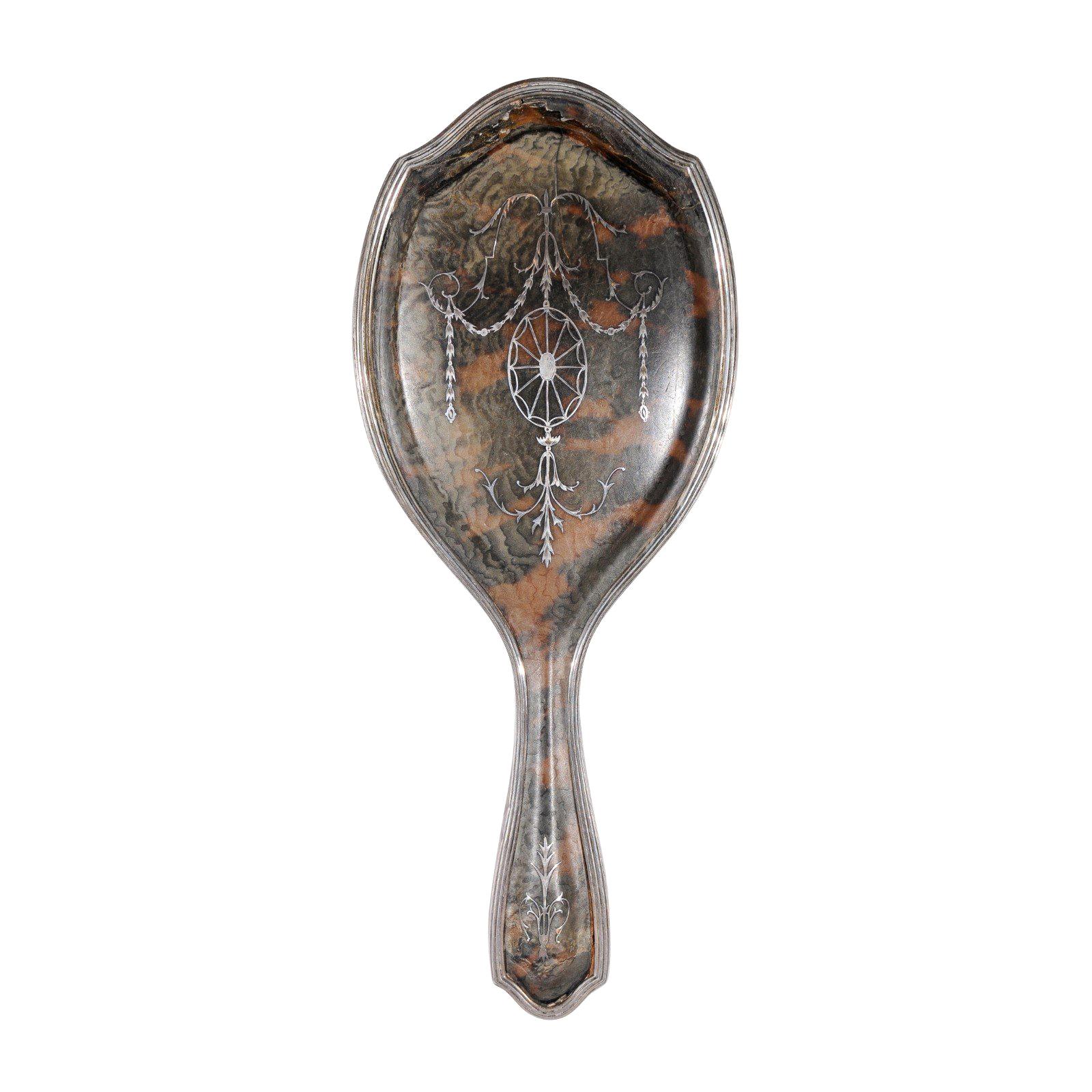 English Silver Dressing Table Hand Mirror with Silver Piqué Swag Decor For  Sale at 1stDibs