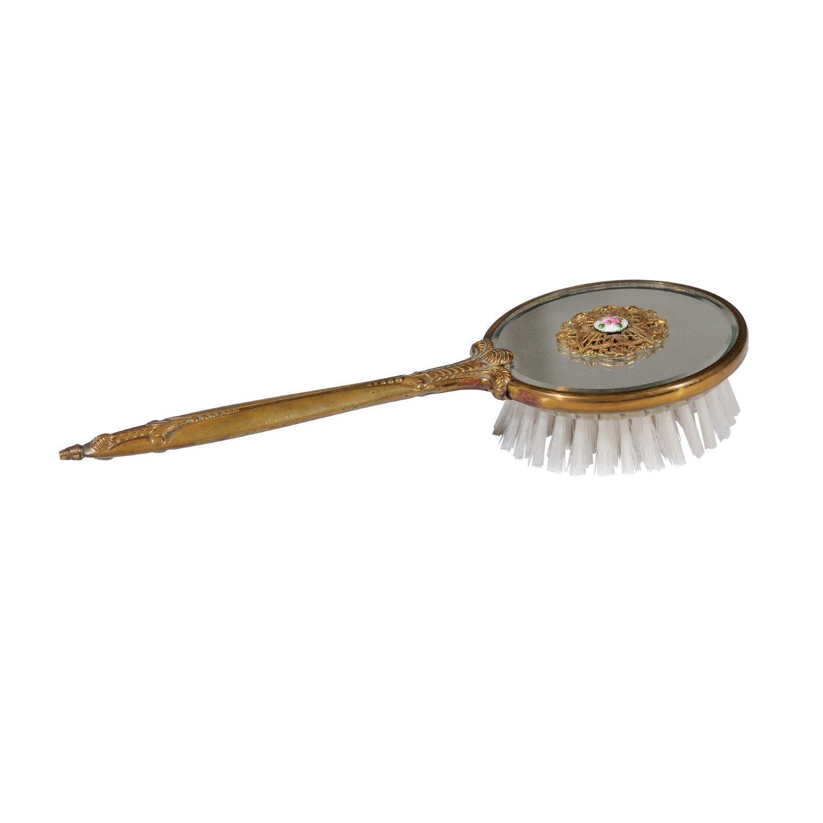 English Mirrored Hair Brush with Brass Finish, Filigree Décor and Medallion For Sale