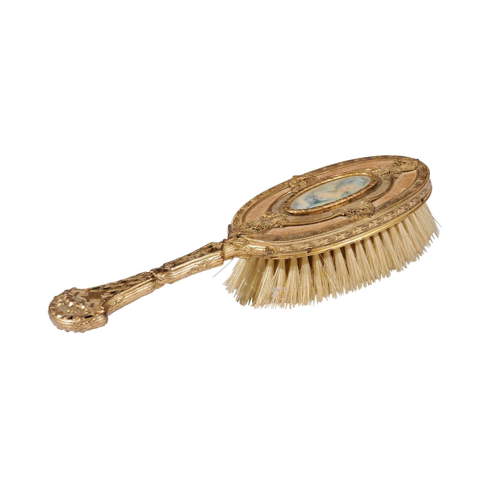 Turn of the Century French Brass Filigree Horsehair Brush with Painted Portrait For Sale