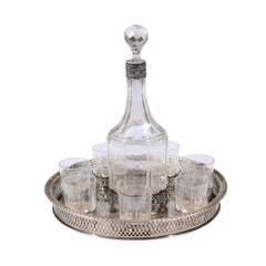 English 19th Century Silver and Crystal Decanter Set with Glasses and Platter