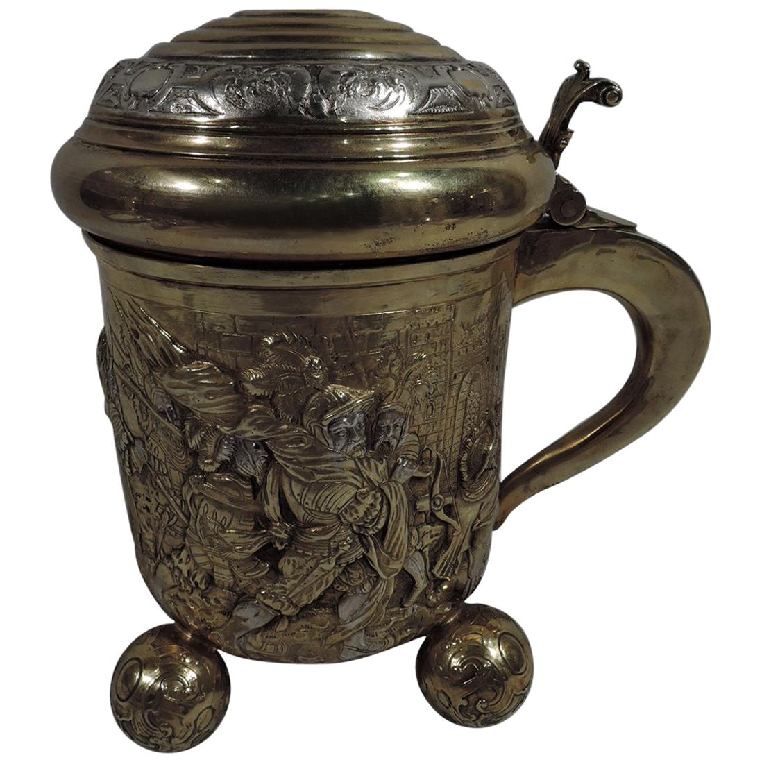 Antique German Gothic Silver Gilt Tankard with Teutonic Frieze