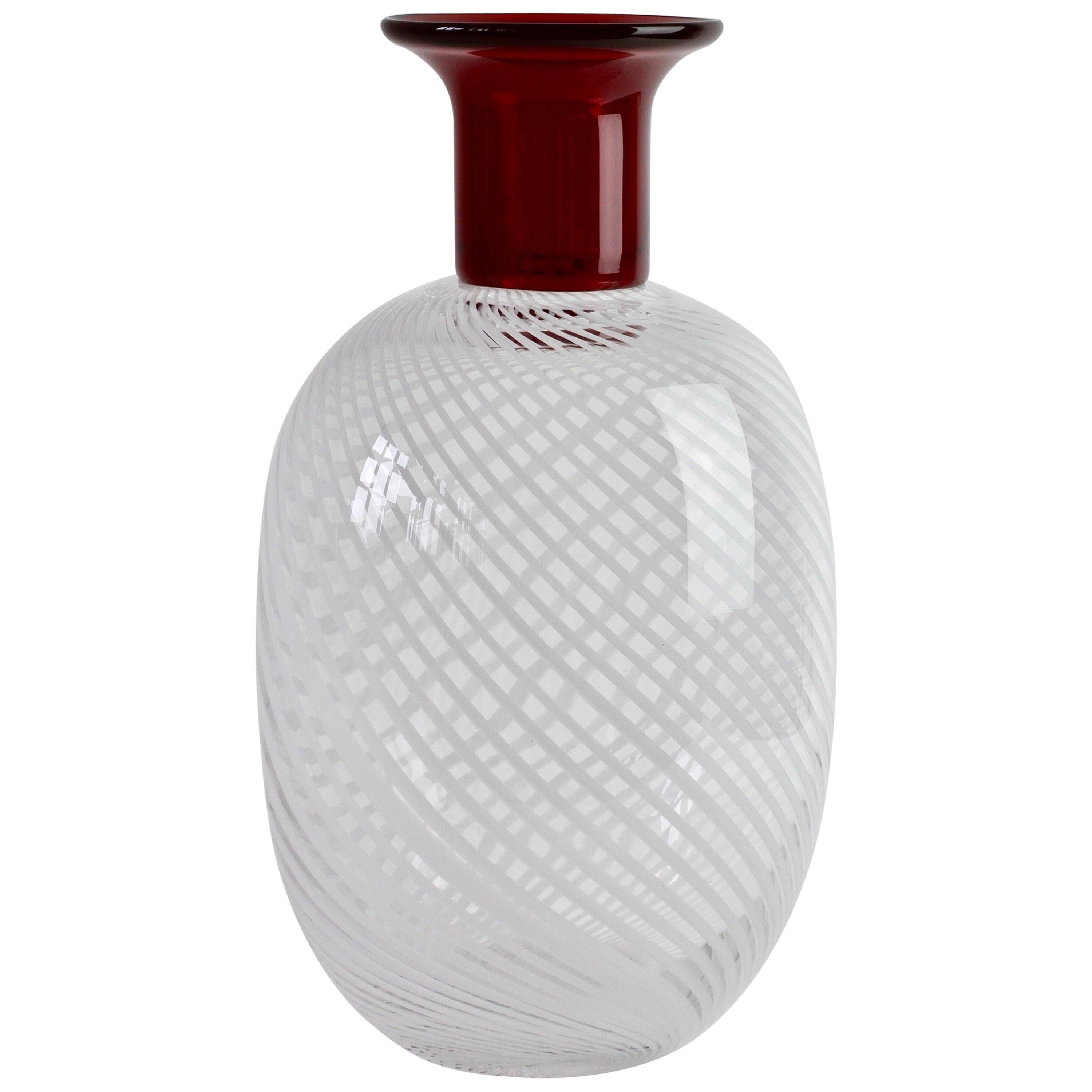 Barbini Style Red Incalmo Murano Glass Vase with White Striped Inclusions, Italy
