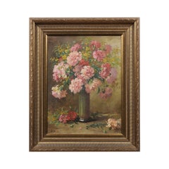 French 19th Century Framed Oil on Canvas Still-Life Painting with Pink Bouquet