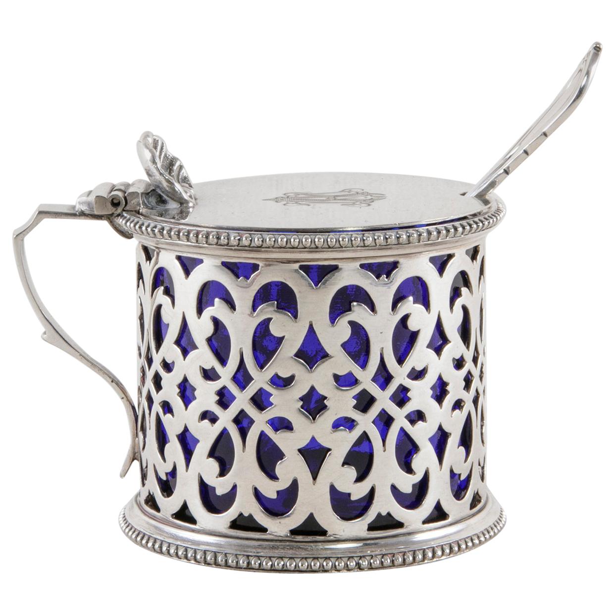 Late 19th Century English Silver Plate Mustard Pot with Lid Spoon, Glass Insert