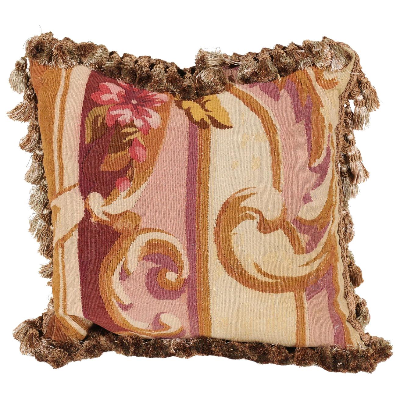 French 19th Century Aubusson Tapestry Pillow with Tassels and Floral Décor For Sale