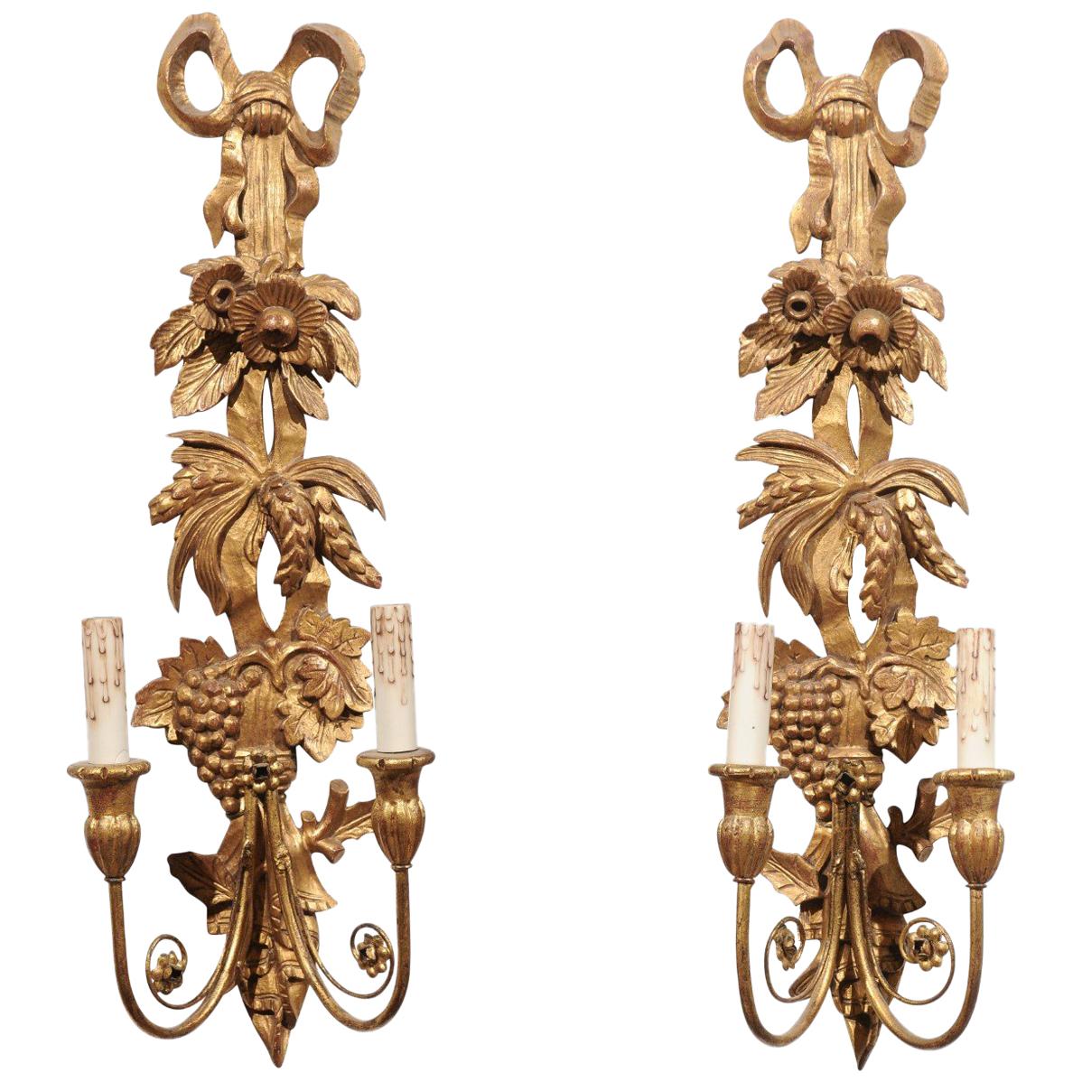 Pair of 19th Century French Carved Gilt Sconces with Painted Floral ...
