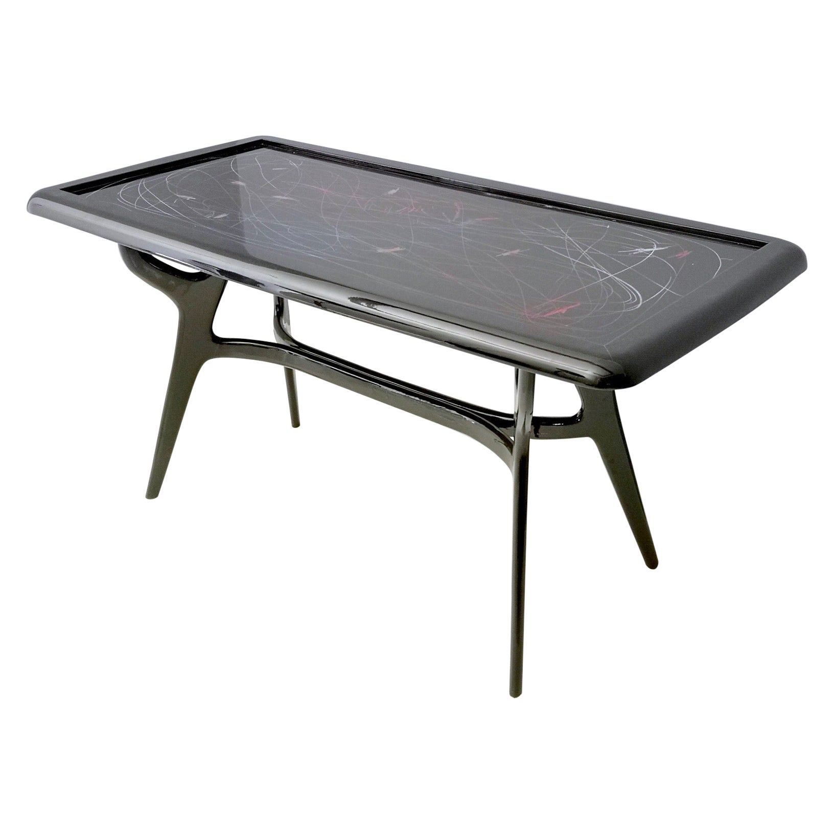 Table de salle à manger de style années 1950 avec plateau en verre laqué par Enzio Wenk, Italie, 2019. en vente