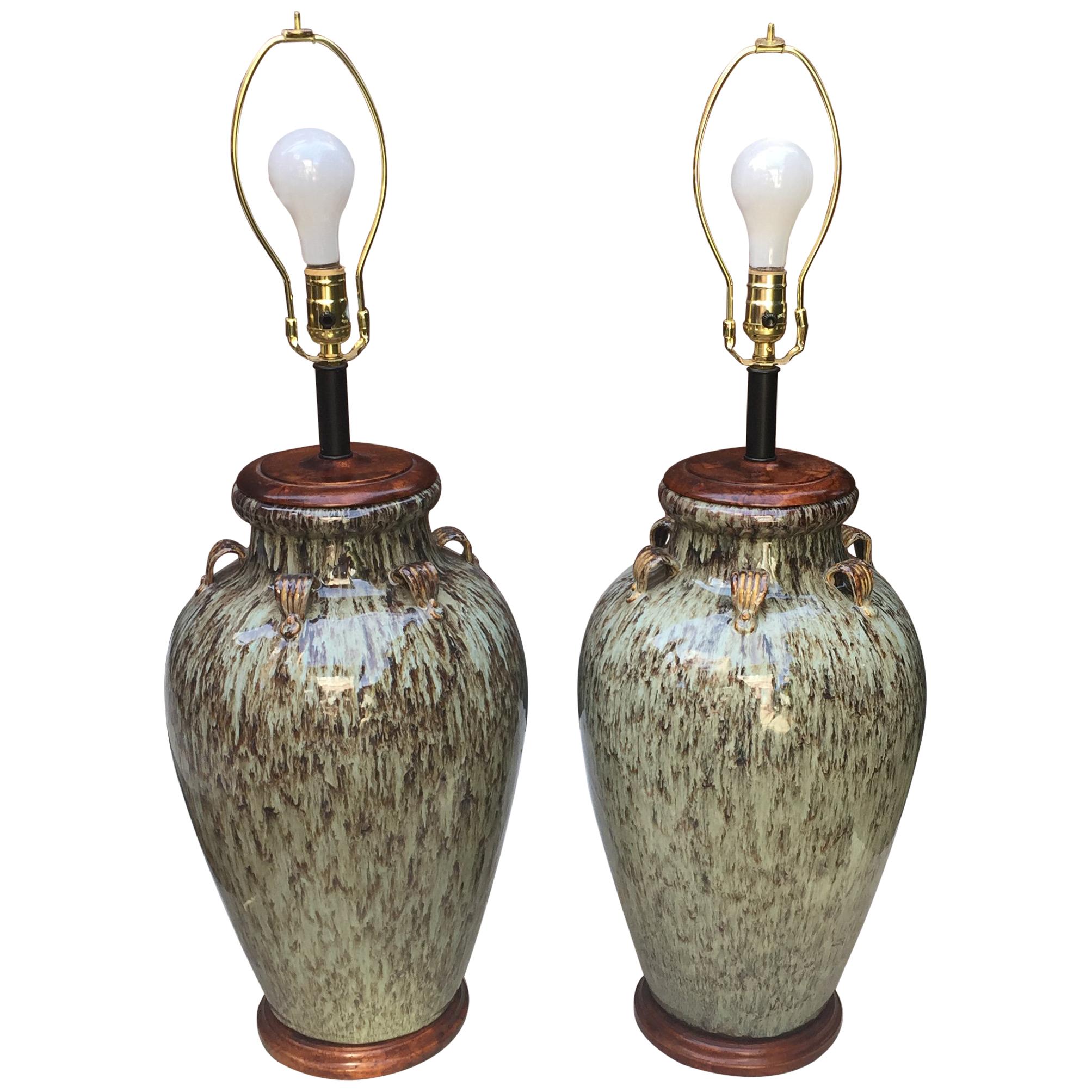 Transitional Sage  Hand Painted Ceramic Table Lamps / a pair For Sale