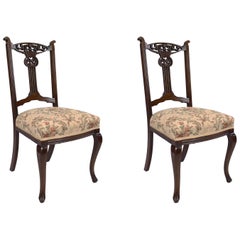 Vintage Pair of Edwardian Mahogany Chairs with Tapestry Upholstered Seats