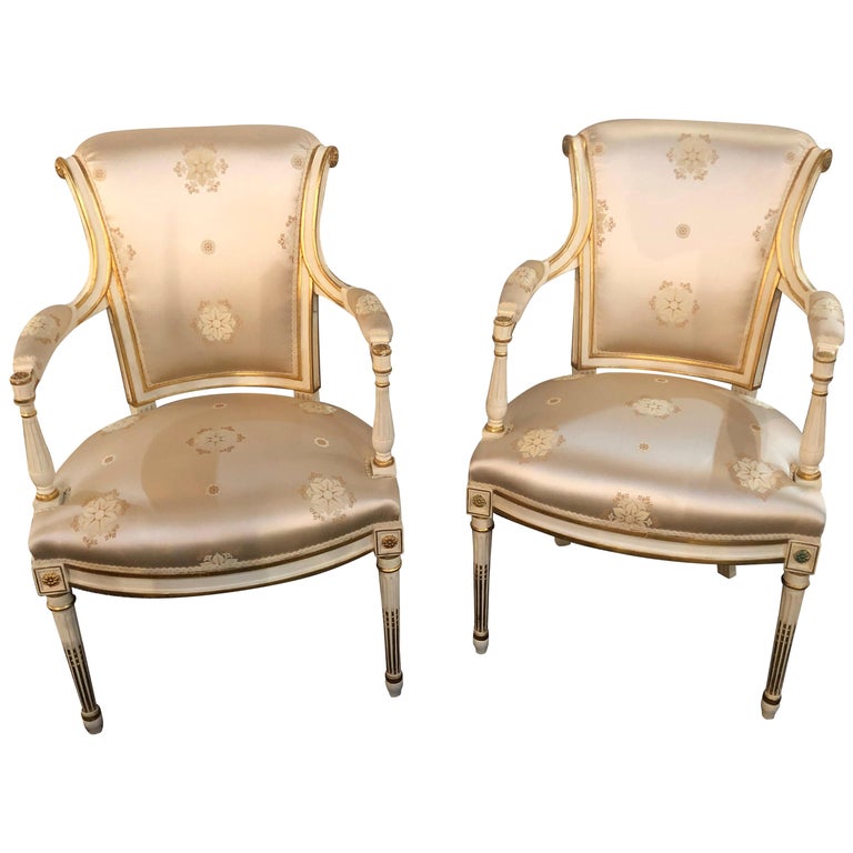 Louis XVI Style Hollywood Regency Fauteuils Scalamandre Silk Upholstery Jansen For Sale
