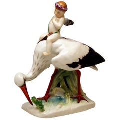 Antique Meissen Stork Frog Cherub Model Y 171 Martin Wiegand Meissen Jubilee Mark, 1910