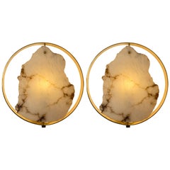 Contemporary Pair of Alabaster Circle Brass Sconces, Italy