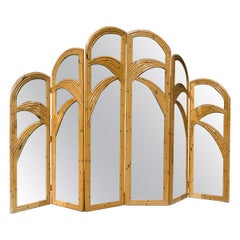 Pair of Three Panel Rattan Mirrored Screens