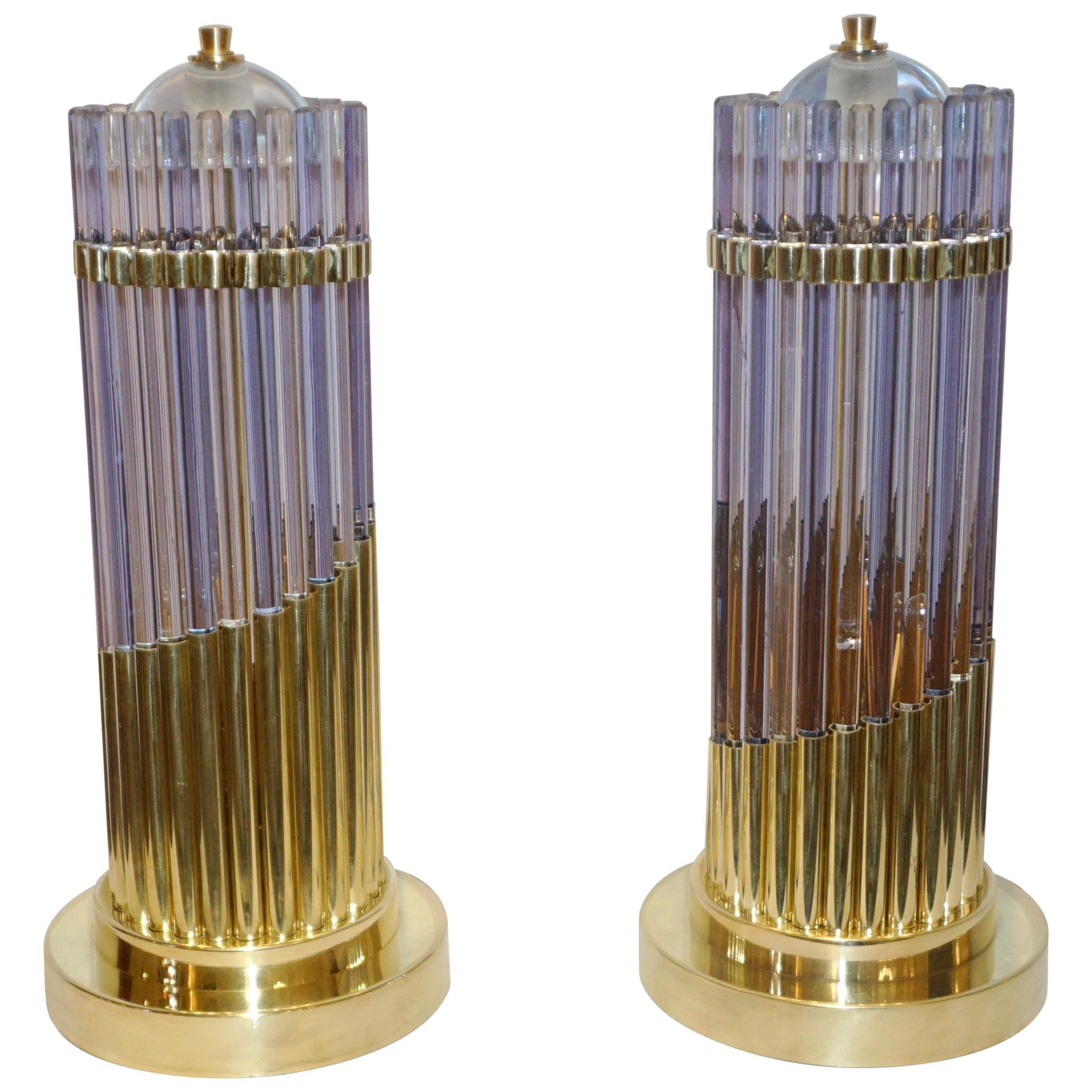Vintage 1980s Italian Pair of Brass & Alexandrite Purple Blue Murano Glass Lamps