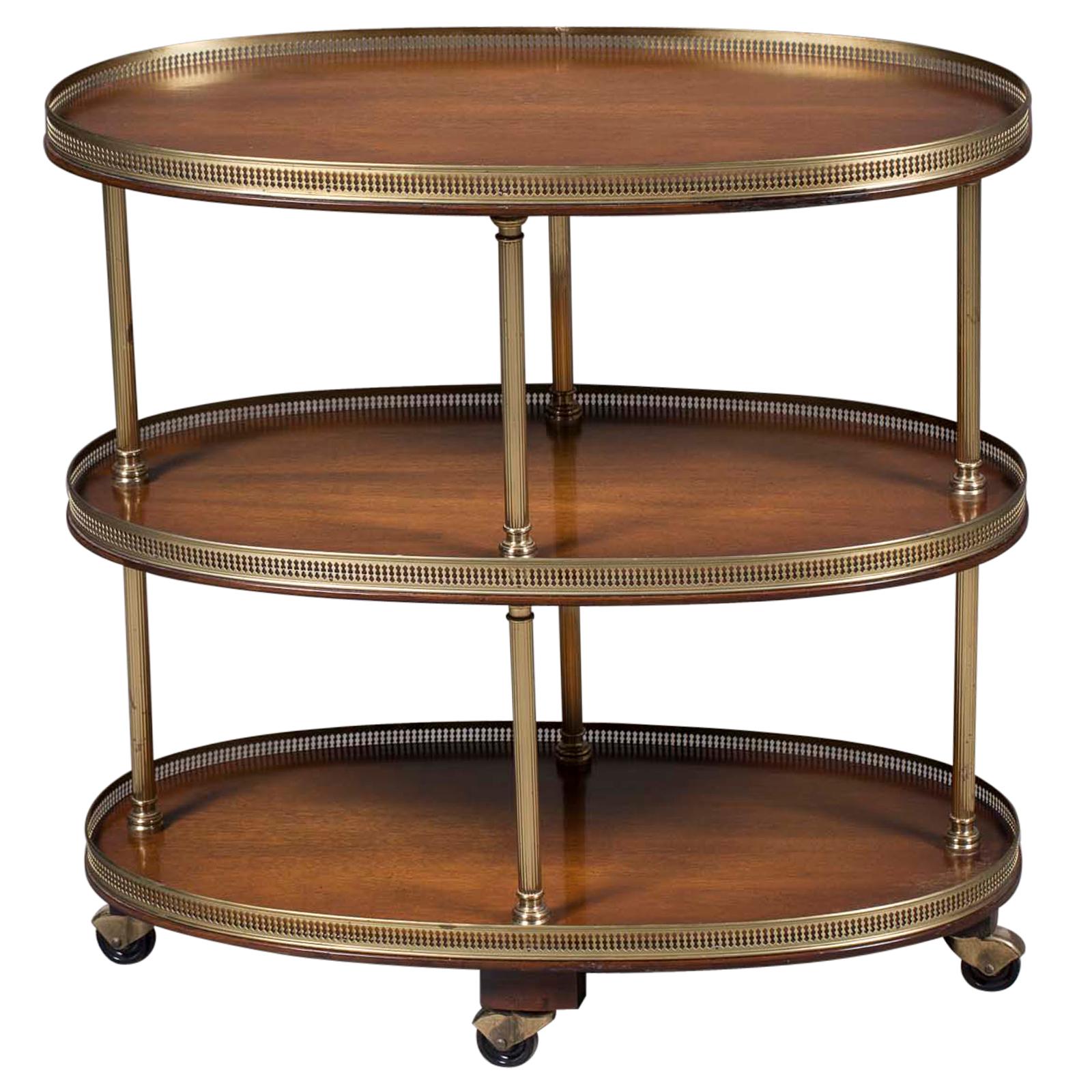 Vintage French Oval Mahogany Brass Serving Bar Cart on Casters, circa 1970