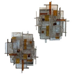 Pair of Cratere Sconces Hammered Metal Glass by Poliarte, Italy, 1970s