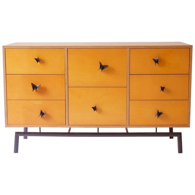 Chris Lehrecke plywood cabinet with bronze base and bronze butterfly pulls, new