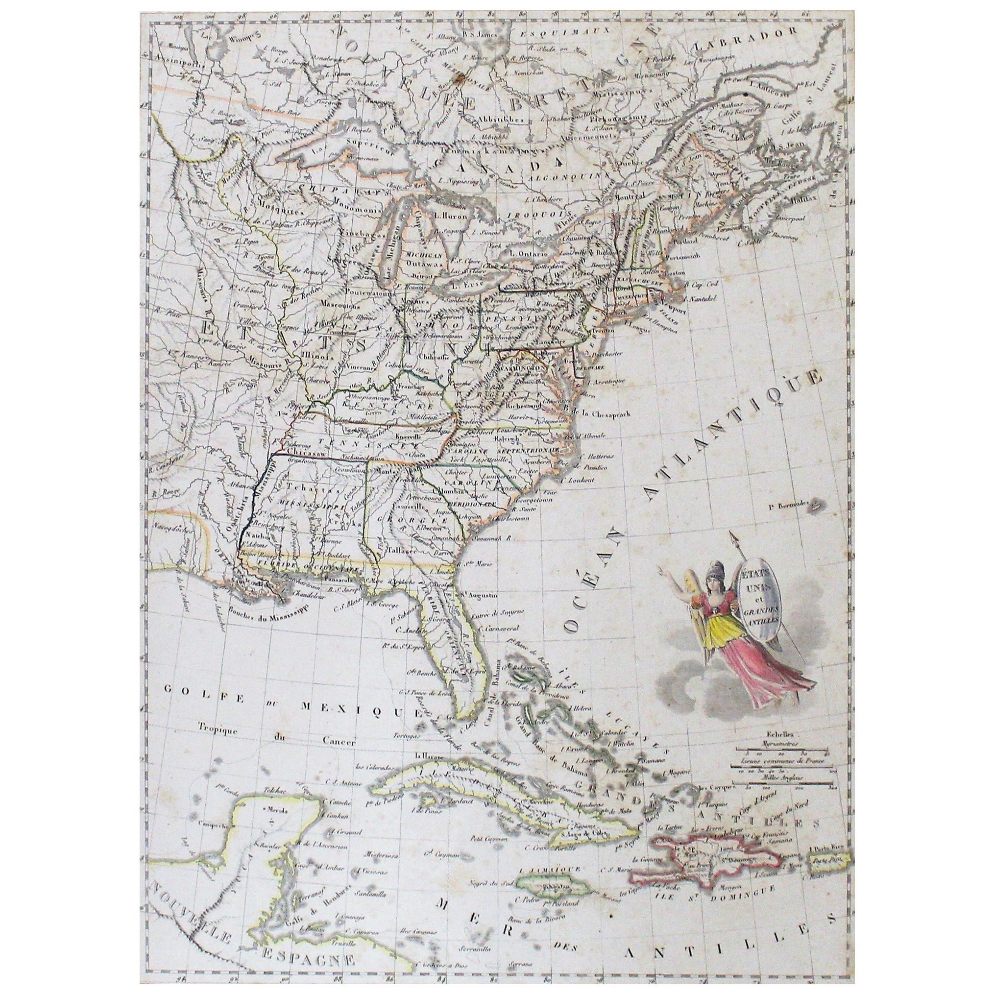 Carte colorée à la main des États-Unis et des îles des Caraïbes du début du XIXe siècle