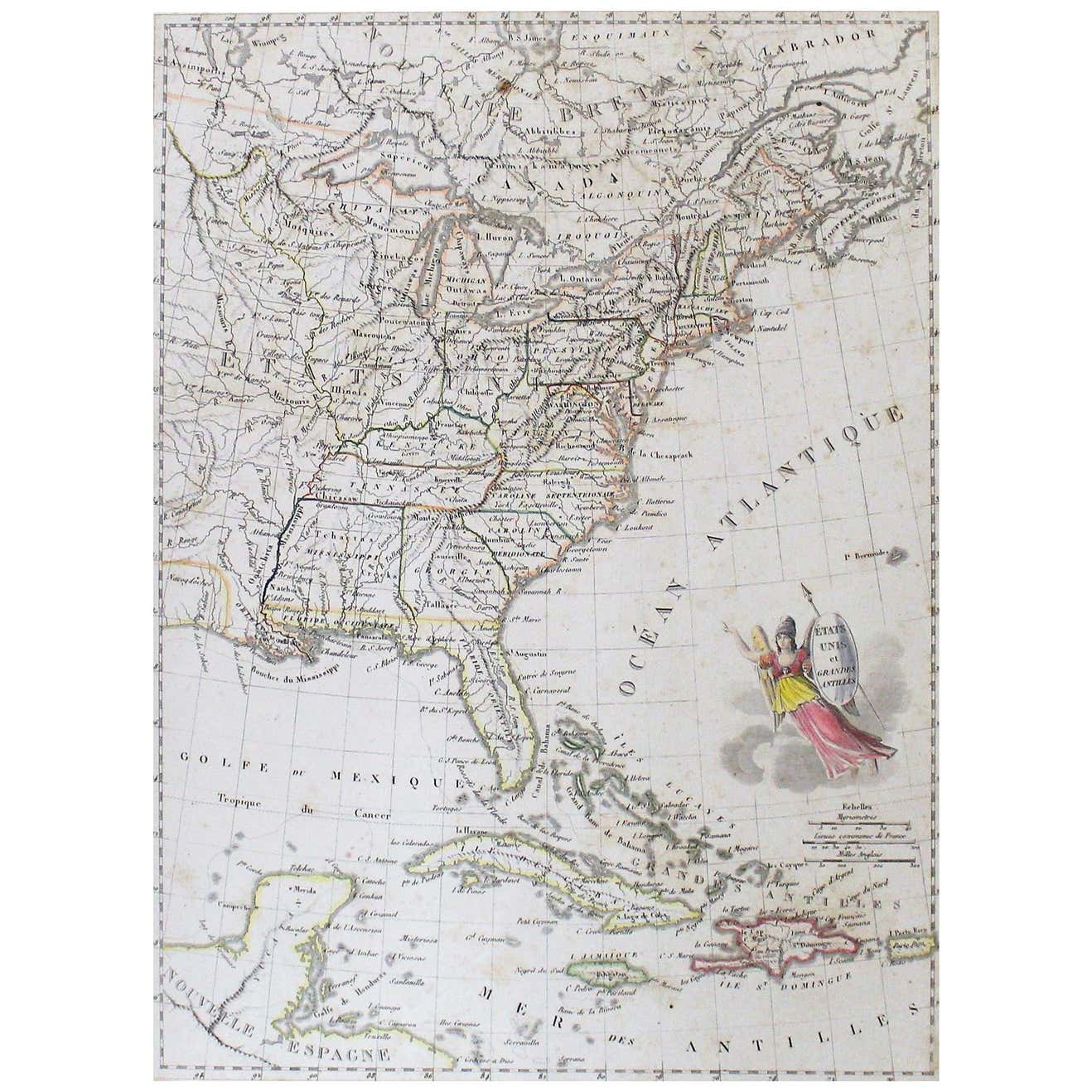 Early 19th Century Hand Colored Map of the United States and Caribbean ... Early 19th Century Hand Colored Map of the United States and Caribbean ...