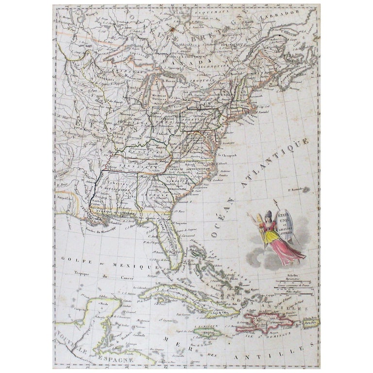 Early 19th Century Hand Coloured Map of the United States and Caribbean ...