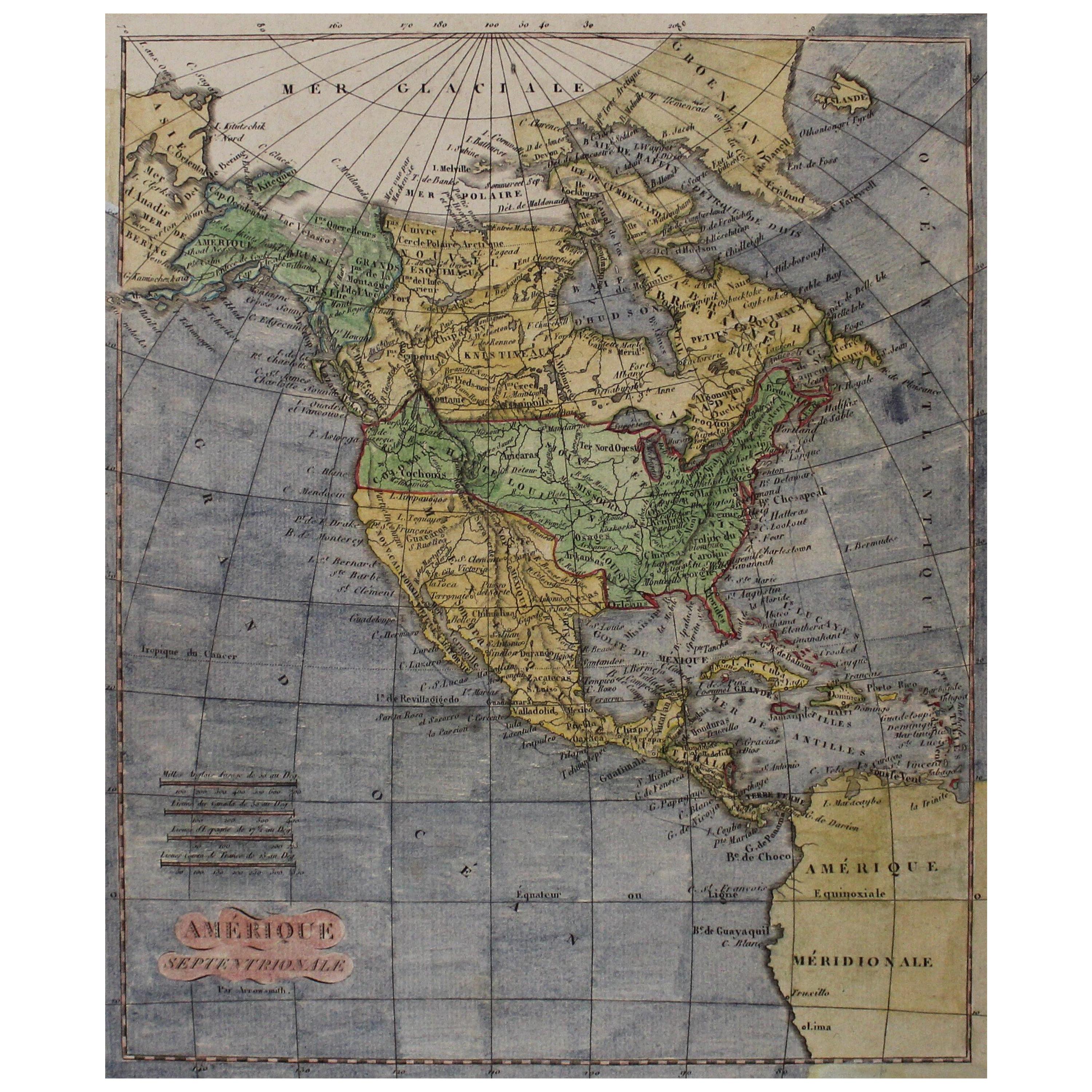 Early 19th Century Hand Coloured Map of North America by Aaron Arrowsmith For Sale