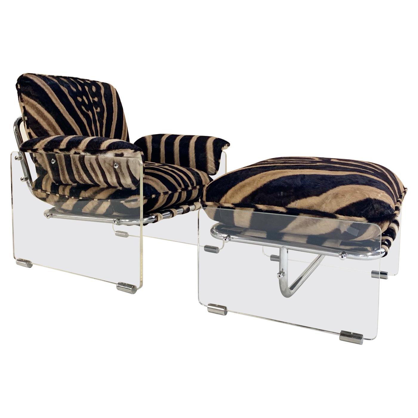 Pace Collection Argenta Lucite and Chrome Lounge Chair and Ottoman in Zebra Hide